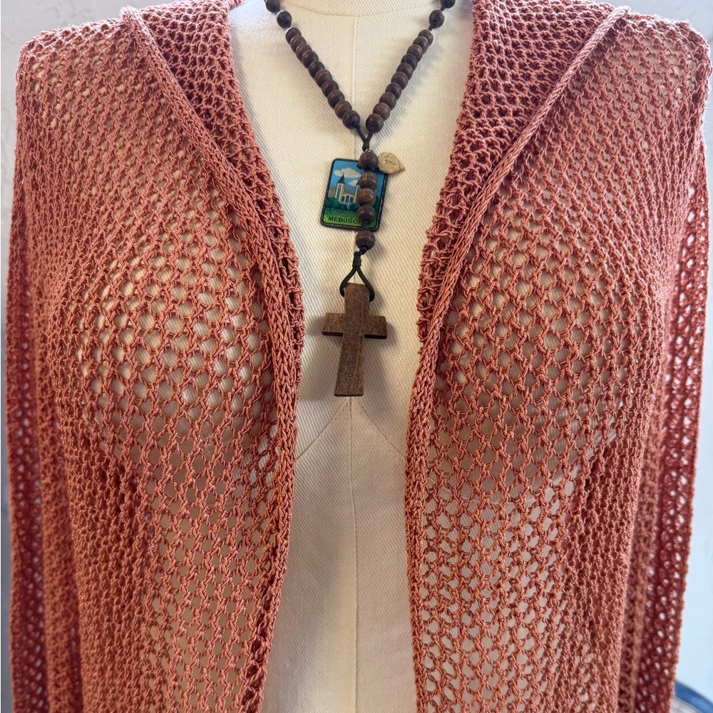 ELAN Crochet Bronze Copper Open Front‎ Hooded Duster Cardigan Jacket Cover-up L - Picture 3 of 10
